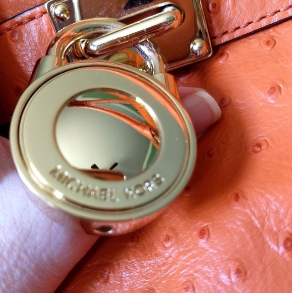 Michael Kors Ostrich-Embossed Hamilton Tangerine East/West Tote Leather Handbag - Picture 3 of 11